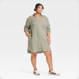 Green Linen Blend Long Sleeve V-Neck Tunic Shirt Dress 2X Boxy Oversized